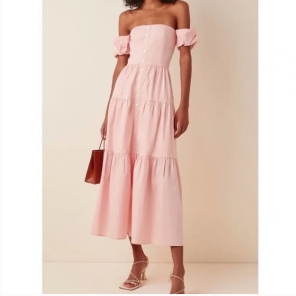 STAUD Pink Off-Shoulder Midi Dress